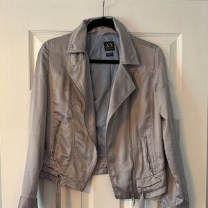 A/X Armani Exchange Metallic Silver Moto-Style Leather Jacket